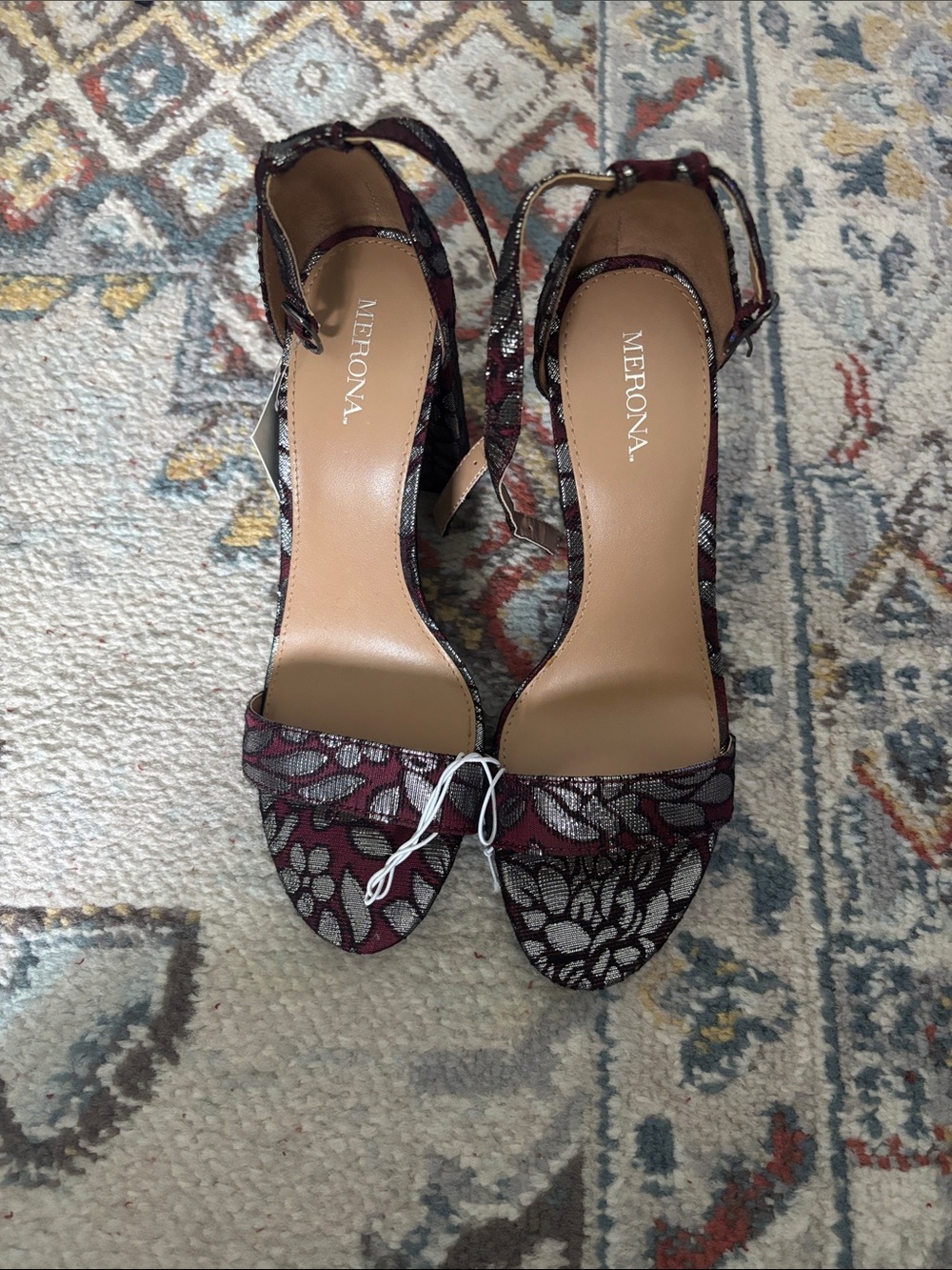 Merona Burgundy and Black Lace-Pattern Slingback Heels